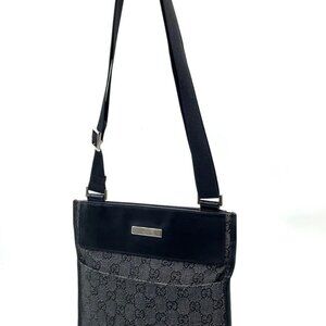 Auth Gucci GG Canavs x Leather Black SV Sacoche Shoulder Bag